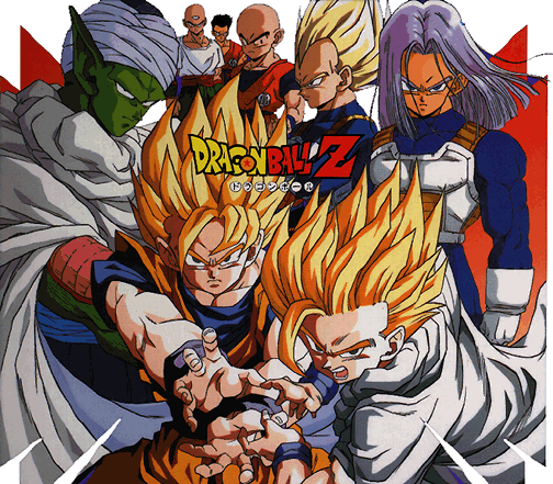 Krillin is at the back with bald hair 