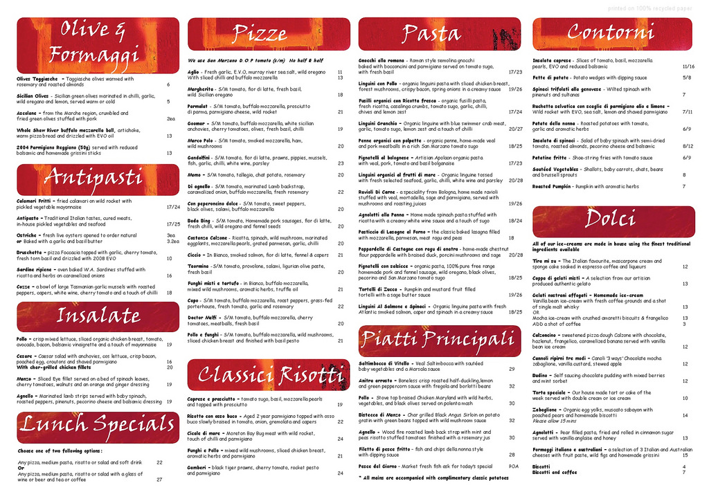 Pasta Amore Menu