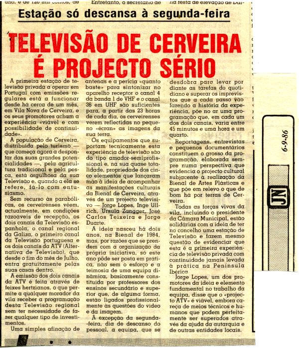Televis�o de Cerveira � projecto s�rio - JN - 06.09.86 

