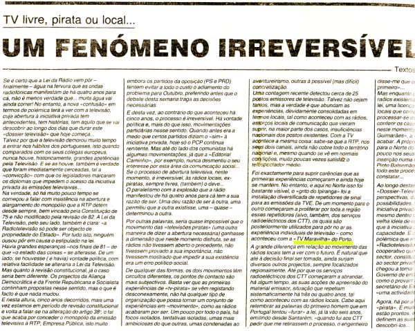 TV pirata, livre ou local... Um fen�meno irrevers�vel.- Comercio Porto (suplemento) - 20.03.87