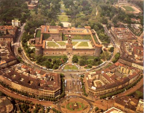 Aerial view of the Sforzesco Castle, Largo Cairoli and Foro Bonaparte, and the Sempione Park
