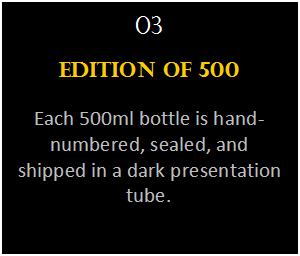 Πλαίσιο κειμένου: 03
Edition of 500
Each 500ml bottle is hand-numbered, sealed, and shipped in a dark presentation tube.